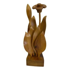 Unique 9-Piece Decorative Carved Wooden 17.5" Tall Floral and Leaf Arrangement